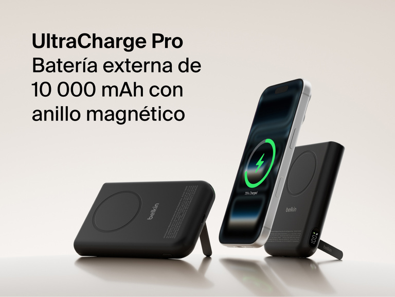 Belkin UltraCharge Pro Power Bank 10K with magnetic ring shown wirelessly charging a smartphone, featuring a slim portable battery design for on-the-go fast charging.